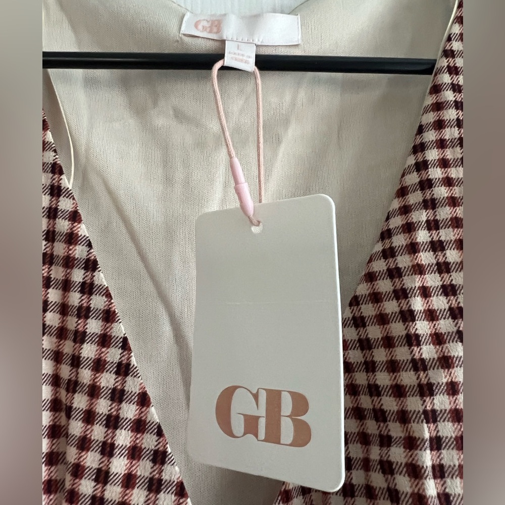 NWT GB Gianni Bini Brown Gingham V-Neck Smocked Waist Long Sleeve Dress Large - Picture 11 of 11